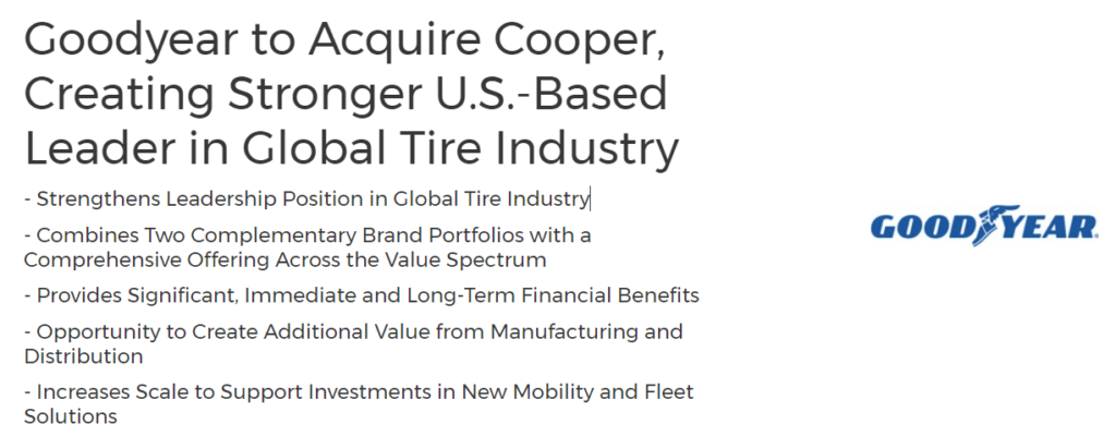 Goodyear To Acquire Cooper, Creating Stronger U.s. Based Leader In Global Tire Industry