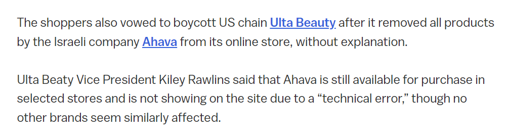 Ulta Beauty Removed All Products By The Israeli Company Ahava From Its Online Store