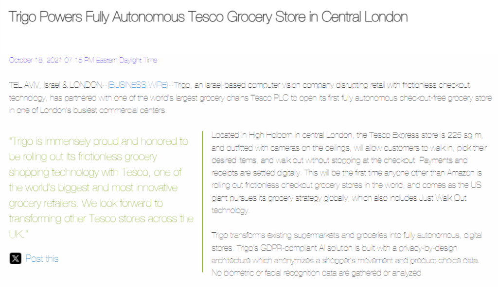 Trigo Powers Fully Autonomous Tesco Grocery Store In Central London